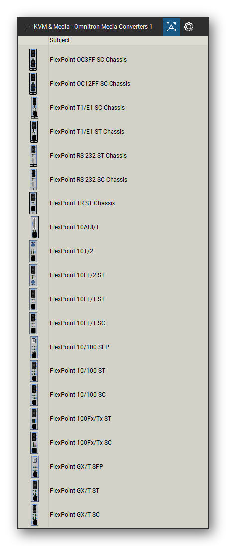KVM, Console Servers & Media Converters tool set for Bluebeam Revu, Omnitron Media Converters 1 set (tools 21-40 of 311) - 20 tools: FlexPoint OC3FF SC Chassis, FlexPoint OC12FF SC Chassis, FlexPoint T1/E1 SC Chassis, FlexPoint T1/E1 ST Chassis, FlexPoint RS-232 ST Chassis, FlexPoint RS-232 SC Chassis, FlexPoint TR ST Chassis, FlexPoint 10AUI/T, FlexPoint 10T/2, FlexPoint 10FL/2 ST and 10 more. Tool Chest in Detail view, one row per tool with its name.