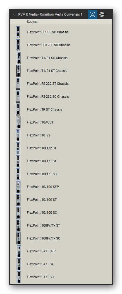 KVM, Console Servers & Media Converters tool set for Bluebeam Revu, Omnitron Media Converters 1 set (tools 21-40 of 311) - 20 tools: FlexPoint OC3FF SC Chassis, FlexPoint OC12FF SC Chassis, FlexPoint T1/E1 SC Chassis, FlexPoint T1/E1 ST Chassis, FlexPoint RS-232 ST Chassis, FlexPoint RS-232 SC Chassis, FlexPoint TR ST Chassis, FlexPoint 10AUI/T, FlexPoint 10T/2, FlexPoint 10FL/2 ST and 10 more. Tool Chest in Detail view, one row per tool with its name.