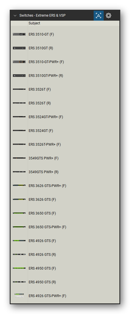 Network Switches & Routers tool set for Bluebeam Revu, Extreme ERS & VSP set (tools 1-20 of 69) - 20 views of 16 devices, front and rear: ERS 3510-GT, ERS 3510GT, ERS 3510-GT-PWR+, ERS 3510GT-PWR+, ERS 3526T, ERS 3524GT-PWR+, ERS 3524GT, ERS 3526T-PWR+, 3549GTS PWR+, ERS 3626 GTS-PWR+ and 6 more. Tool Chest in Detail view, one row per tool with its name.