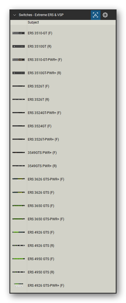 Network Switches & Routers tool set for Bluebeam Revu, Extreme ERS & VSP set (tools 1-20 of 69) - 20 views of 16 devices, front and rear: ERS 3510-GT, ERS 3510GT, ERS 3510-GT-PWR+, ERS 3510GT-PWR+, ERS 3526T, ERS 3524GT-PWR+, ERS 3524GT, ERS 3526T-PWR+, 3549GTS PWR+, ERS 3626 GTS-PWR+ and 6 more. Tool Chest in Detail view, one row per tool with its name.