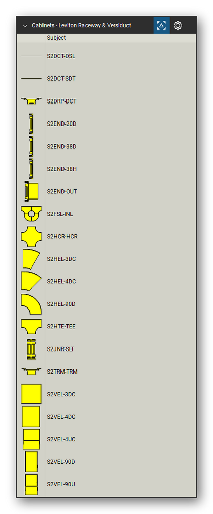 Racks, Cabinets & Cable Pathways tool set for Bluebeam Revu, Leviton Raceway & Versiduct set (tools 1-20 of 131) - 20 tools: S2DCT-DSL, S2DCT-SDT, S2DRP-DCT, S2END-20D, S2END-38D, S2END-38H, S2END-OUT, S2FSL-INL, S2HCR-HCR, S2HEL-3DC and 10 more. Tool Chest in Detail view, one row per tool with its name.