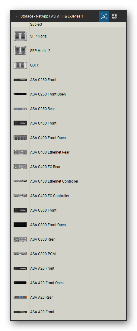 Storage & Backup tool set for Bluebeam Revu, NetApp FAS, AFF & E-Series 1 set (tools 1-20 of 193) - 20 views of 17 devices, front and rear: SFP Horiz., SFP Horiz. 2, QSFP, ASA C250, ASA C250 Front Open, ASA C400, ASA C400 Front Open, ASA C400 Ethernet, ASA C400 FC, ASA C400 Ethernet Controller and 7 more. Tool Chest in Detail view, one row per tool with its name.