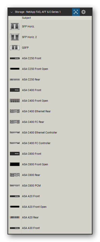 Storage & Backup tool set for Bluebeam Revu, NetApp FAS, AFF & E-Series 1 set (tools 1-20 of 193) - 20 views of 17 devices, front and rear: SFP Horiz., SFP Horiz. 2, QSFP, ASA C250, ASA C250 Front Open, ASA C400, ASA C400 Front Open, ASA C400 Ethernet, ASA C400 FC, ASA C400 Ethernet Controller and 7 more. Tool Chest in Detail view, one row per tool with its name.