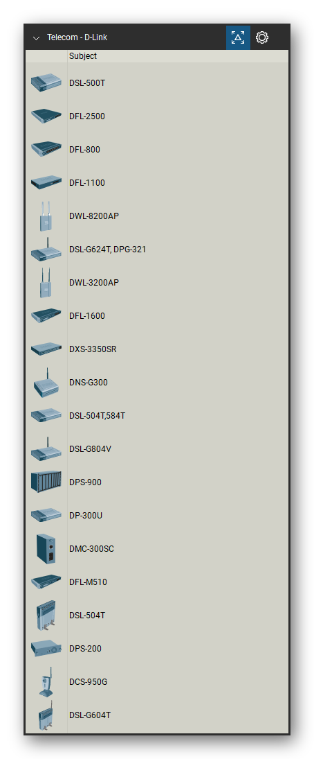 Telecom, Voice & Wireless tool set for Bluebeam Revu, D-Link set (tools 1-20 of 167) - 20 tools: DSL-500T, DFL-2500, DFL-800, DFL-1100, DWL-8200AP, DSL-G624T, DPG-321, DWL-3200AP, DFL-1600, DXS-3350SR, DNS-G300 and 10 more. Tool Chest in Detail view, one row per tool with its name.