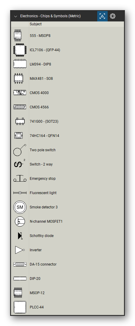 Automation & Electronics tool set for Bluebeam Revu, Chips & Symbols (Metric) set (tools 1-20 of 39) - 20 tools: 555 - MSOP8, ICL7106 - (QFP-44), LM394 - DIP8, MAX481 - SO8, CMOS 4000, CMOS 4566, 741G00 - (SOT23), 74HC164 - QFN14, Two pole switch, Switch - 2 way and 10 more. Tool Chest in Detail view, one row per tool with its name.