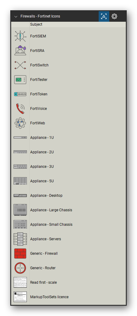 Firewalls & Security Appliances tool set for Bluebeam Revu, Fortinet Icons set (tools 19-35 of 35) - 17 tools: FortiSIEM, FortiSRA, FortiSwitch, FortiTester, FortiToken, FortiVoice, FortiWeb, Appliance - 1U, Appliance - 2U, Appliance - 3U and 7 more. Tool Chest in Detail view, one row per tool with its name.