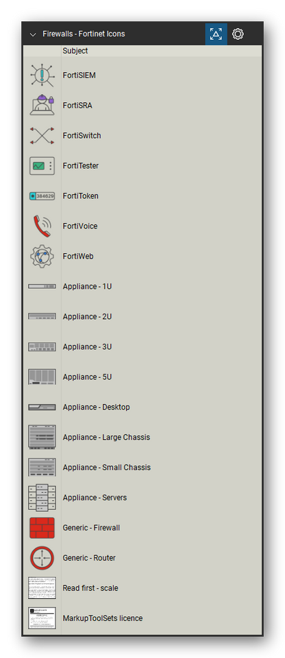 Firewalls & Security Appliances tool set for Bluebeam Revu, Fortinet Icons set (tools 19-35 of 35) - 17 tools: FortiSIEM, FortiSRA, FortiSwitch, FortiTester, FortiToken, FortiVoice, FortiWeb, Appliance - 1U, Appliance - 2U, Appliance - 3U and 7 more. Tool Chest in Detail view, one row per tool with its name.