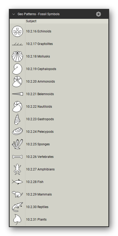 Geologic Hatch Patterns & Map Units tool set for Bluebeam Revu: Fossil Symbols set, tools 17-32 of 62 (10.2.16 to 10.2.31) - Echinoids, Graptolites, Mollusks, Cephalopods, Ammonoids, Belemnoids, Nautiloids, Gastropods, Pelecypods, Sponges, Vertebrates, Amphibians and 4 more. Tool Chest in Detail view, one row per tool with its FGDC reference number and name.