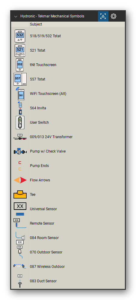 Hydronic Heating & Controls tool set for Bluebeam Revu, Tekmar Mechanical Symbols set (tools 19-36 of 69) - 18 tools: 518/519/532 Tstat, 521 Tstat, tNt Touchscreen, 557 Tstat, WiFi Touchscreen, 564 Invita, User Switch, 009/013 24V Transformer, Pump w/ Check Valve, Pump Ends and 8 more. Tool Chest in Detail view, one row per tool with its name.