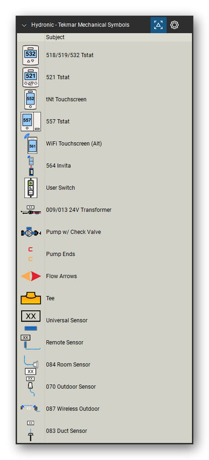 Hydronic Heating & Controls tool set for Bluebeam Revu, Tekmar Mechanical Symbols set (tools 19-36 of 69) - 18 tools: 518/519/532 Tstat, 521 Tstat, tNt Touchscreen, 557 Tstat, WiFi Touchscreen, 564 Invita, User Switch, 009/013 24V Transformer, Pump w/ Check Valve, Pump Ends and 8 more. Tool Chest in Detail view, one row per tool with its name.