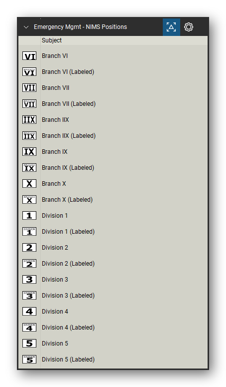 Incident & Emergency Management tool set for Bluebeam Revu, NIMS Positions set (tools 40-59 of 96) - 20 tools: Branch VI, Branch VI (Labeled), Branch VII, Branch VII (Labeled), Branch IIX, Branch IIX (Labeled), Branch IX, Branch IX (Labeled), Branch X, Branch X (Labeled) and 10 more. Tool Chest in Detail view, one row per tool with its name.