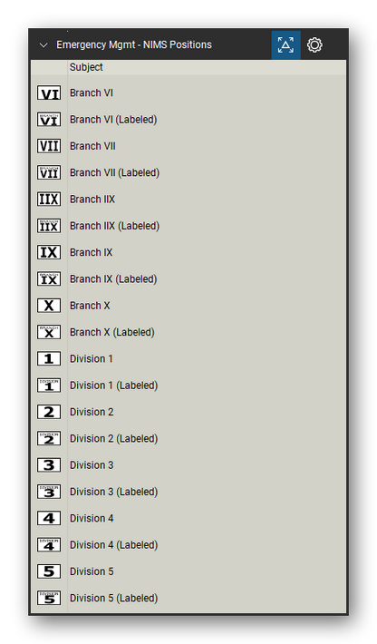 Incident & Emergency Management tool set for Bluebeam Revu, NIMS Positions set (tools 40-59 of 96) - 20 tools: Branch VI, Branch VI (Labeled), Branch VII, Branch VII (Labeled), Branch IIX, Branch IIX (Labeled), Branch IX, Branch IX (Labeled), Branch X, Branch X (Labeled) and 10 more. Tool Chest in Detail view, one row per tool with its name.