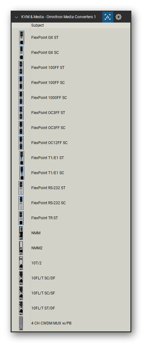 KVM, Console Servers & Media Converters tool set for Bluebeam Revu, Omnitron Media Converters 1 set (tools 41-60 of 311) - 20 tools: FlexPoint GX ST, FlexPoint GX SC, FlexPoint 100FF ST, FlexPoint 100FF SC, FlexPoint 1000FF SC, FlexPoint OC3FF ST, FlexPoint OC3FF SC, FlexPoint OC12FF SC, FlexPoint T1/E1 ST, FlexPoint T1/E1 SC and 10 more. Tool Chest in Detail view, one row per tool with its name.