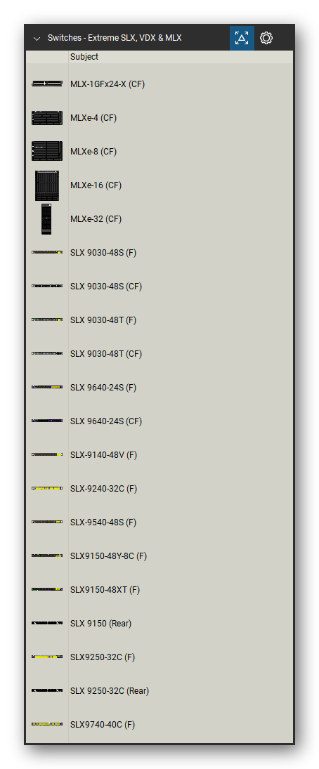 Network Switches & Routers tool set for Bluebeam Revu, Extreme SLX, VDX & MLX set (tools 1-20 of 36) - 20 views of 17 devices, front and rear: MLX-1GFx24-X, MLXe-4, MLXe-8, MLXe-16, MLXe-32, SLX 9030-48S, SLX 9030-48T, SLX 9640-24S, SLX-9140-48V, SLX-9240-32C and 7 more. Tool Chest in Detail view, one row per tool with its name.