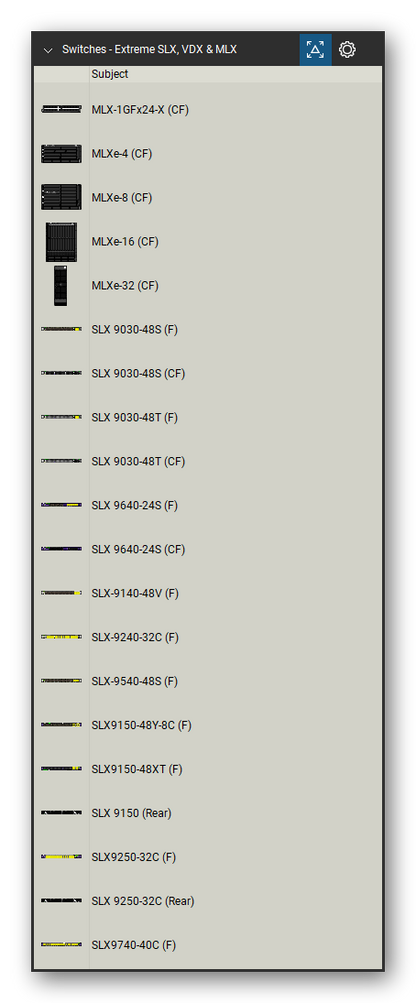 Network Switches & Routers tool set for Bluebeam Revu, Extreme SLX, VDX & MLX set (tools 1-20 of 36) - 20 views of 17 devices, front and rear: MLX-1GFx24-X, MLXe-4, MLXe-8, MLXe-16, MLXe-32, SLX 9030-48S, SLX 9030-48T, SLX 9640-24S, SLX-9140-48V, SLX-9240-32C and 7 more. Tool Chest in Detail view, one row per tool with its name.