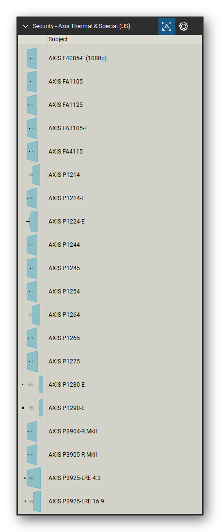 Security & Surveillance tool set for Bluebeam Revu, Axis Thermal & Special (US) set (tools 20-39 of 75) - 20 tools: AXIS F4005-E (1080p), AXIS FA1105, AXIS FA1125, AXIS FA3105-L, AXIS FA4115, AXIS P1214, AXIS P1214-E, AXIS P1224-E, AXIS P1244, AXIS P1245 and 10 more. Tool Chest in Detail view, one row per tool with its name.