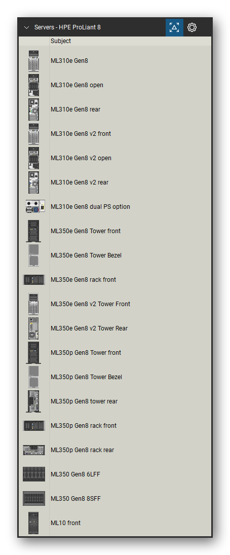 Servers tool set for Bluebeam Revu, HPE ProLiant 8 set (tools 1-20 of 159) - 20 views of 15 devices, front and rear: ML310e Gen8, ML310e Gen8 open, ML310e Gen8 v2, ML310e Gen8 v2 open, ML310e Gen8 dual PS option, ML350e Gen8 Tower, ML350e Gen8 Tower Bezel, ML350e Gen8 rack, ML350e Gen8 v2 Tower, ML350p Gen8 Tower and 5 more. Tool Chest in Detail view, one row per tool with its name.