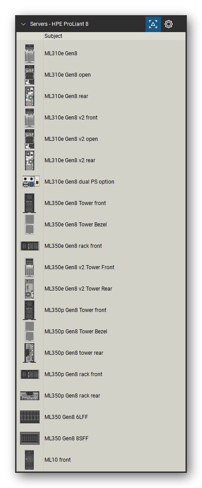 Servers tool set for Bluebeam Revu, HPE ProLiant 8 set (tools 1-20 of 159) - 20 views of 15 devices, front and rear: ML310e Gen8, ML310e Gen8 open, ML310e Gen8 v2, ML310e Gen8 v2 open, ML310e Gen8 dual PS option, ML350e Gen8 Tower, ML350e Gen8 Tower Bezel, ML350e Gen8 rack, ML350e Gen8 v2 Tower, ML350p Gen8 Tower and 5 more. Tool Chest in Detail view, one row per tool with its name.