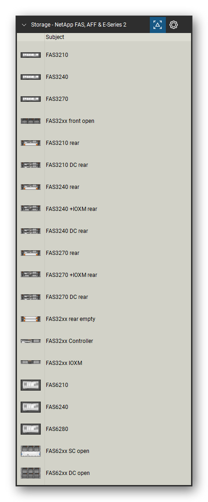 Storage & Backup tool set for Bluebeam Revu, NetApp FAS, AFF & E-Series 2 set (tools 1-20 of 159) - 20 views of 17 devices, rear: FAS3210, FAS3240, FAS3270, FAS32xx front open, FAS3210 DC, FAS3240 +IOXM, FAS3240 DC, FAS3270 +IOXM, FAS3270 DC, FAS32xx rear empty and 7 more. Tool Chest in Detail view, one row per tool with its name.