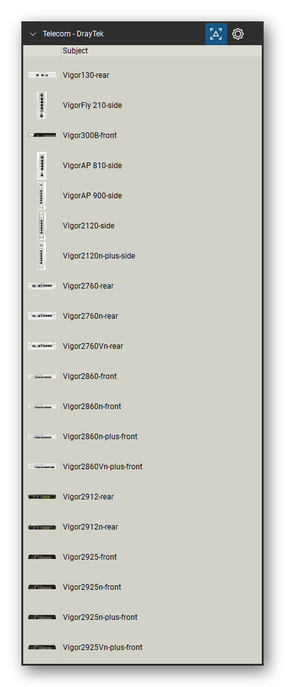 Telecom, Voice & Wireless tool set for Bluebeam Revu, DrayTek set (tools 1-20 of 73) - 20 tools: Vigor130, VigorFly 210, Vigor300B, VigorAP 810, VigorAP 900, Vigor2120, Vigor2120n-plus, Vigor2760, Vigor2760n, Vigor2760Vn and 10 more. Tool Chest in Detail view, one row per tool with its name.