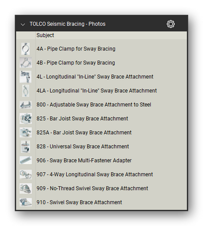 Tolco seismic bracing product photographs in the Pipe Hangers and Supports Takeoff & Estimating Bluebeam... (sheet 1 of 2)