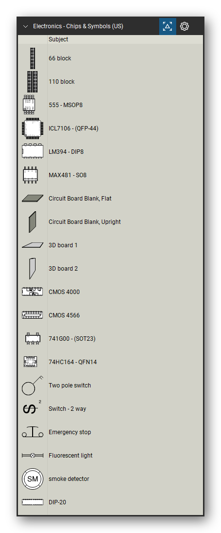 Automation & Electronics tool set for Bluebeam Revu, Chips & Symbols (US) set (tools 1-20 of 45) - 20 tools: 66 block, 110 block, 555 - MSOP8, ICL7106 - (QFP-44), LM394 - DIP8, MAX481 - SO8, Circuit Board Blank, Flat, Circuit Board Blank, Upright, 3D board 1, 3D board 2 and 10 more. Tool Chest in Detail view, one row per tool with its name.