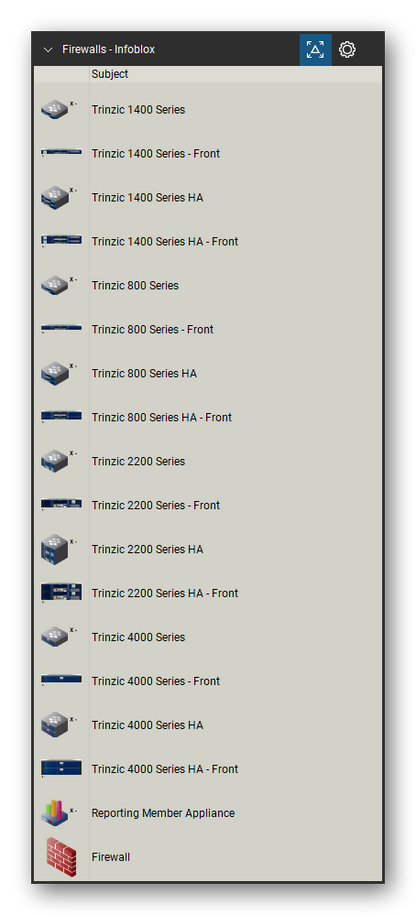 Firewalls & Security Appliances tool set for Bluebeam Revu, Infoblox set (tools 1-18 of 34) - 18 views of 10 devices, front: Trinzic 1400 Series, Trinzic 1400 Series HA, Trinzic 800 Series, Trinzic 800 Series HA, Trinzic 2200 Series, Trinzic 2200 Series HA, Trinzic 4000 Series, Trinzic 4000 Series HA, Reporting Member Appliance and Firewall. Tool Chest in Detail view, one row per tool with its name.