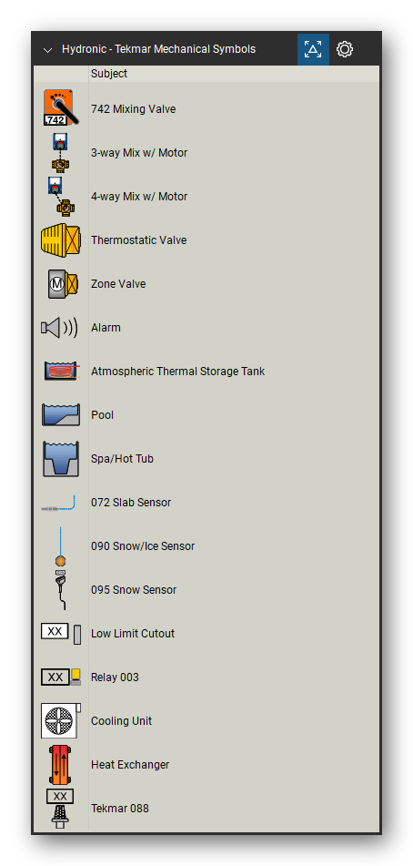 Hydronic Heating & Controls tool set for Bluebeam Revu, Tekmar Mechanical Symbols set (tools 37-53 of 69) - 17 tools: 742 Mixing Valve, 3-way Mix w/ Motor, 4-way Mix w/ Motor, Thermostatic Valve, Zone Valve, Alarm, Atmospheric Thermal Storage Tank, Pool, Spa/Hot Tub, 072 Slab Sensor and 7 more. Tool Chest in Detail view, one row per tool with its name.