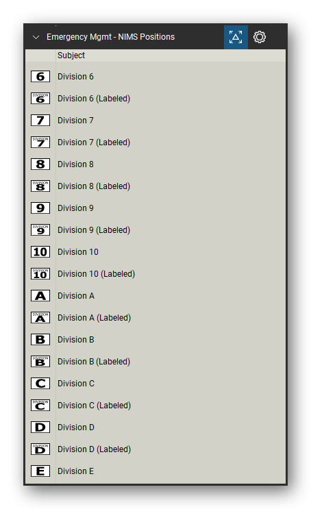 Incident & Emergency Management tool set for Bluebeam Revu, NIMS Positions set (tools 60-78 of 96) - 19 tools: Division 6, Division 6 (Labeled), Division 7, Division 7 (Labeled), Division 8, Division 8 (Labeled), Division 9, Division 9 (Labeled), Division 10, Division 10 (Labeled) and 9 more. Tool Chest in Detail view, one row per tool with its name.