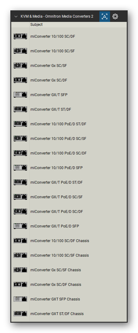 KVM, Console Servers & Media Converters tool set for Bluebeam Revu, Omnitron Media Converters 2 set (tools 1-20 of 161) - 20 tools: miConverter 10/100 SC/DF, miConverter 10/100 SC/SF, miConverter Gx SC/SF, miConverter Gx SC/DF, miConverter GX/T SFP, miConverter GX/T ST/DF, miConverter 10/100 PoE/D ST/DF, miConverter 10/100 PoE/D SC/SF, miConverter 10/100 PoE/D SC/DF, miConverter 10/100 PoE/D SFP and 10 more. Tool Chest in Detail view, one row per tool with its name.