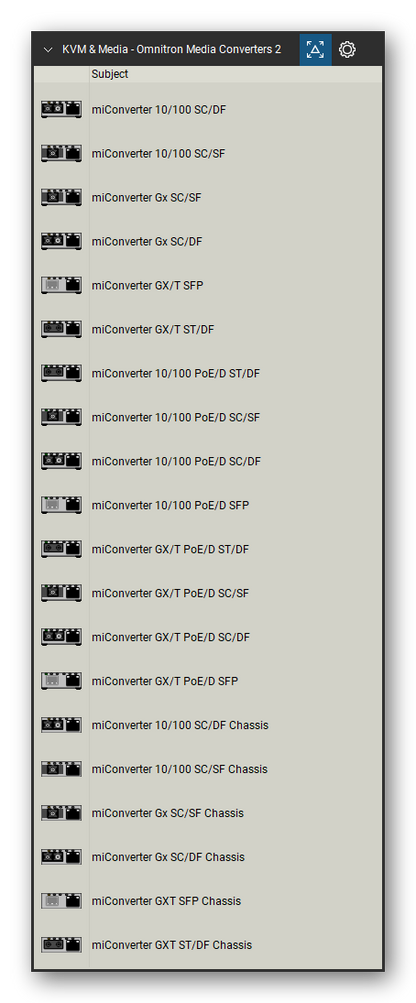 KVM, Console Servers & Media Converters tool set for Bluebeam Revu, Omnitron Media Converters 2 set (tools 1-20 of 161) - 20 tools: miConverter 10/100 SC/DF, miConverter 10/100 SC/SF, miConverter Gx SC/SF, miConverter Gx SC/DF, miConverter GX/T SFP, miConverter GX/T ST/DF, miConverter 10/100 PoE/D ST/DF, miConverter 10/100 PoE/D SC/SF, miConverter 10/100 PoE/D SC/DF, miConverter 10/100 PoE/D SFP and 10 more. Tool Chest in Detail view, one row per tool with its name.