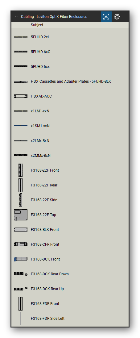 Patch Panels, Fiber & Outlets tool set for Bluebeam Revu, Leviton Opt-X Fiber Enclosures set (tools 1-20 of 102) - 20 views of 17 devices, front, rear, side and top: 5FUHD-2xL, 5FUHD-6xC, 5FUHD-6xx, HDX Cassettes and Adapter Plates - 5FUHD-BLK, HDXAD-ACC, x1LM1-xxN, x1SM1-xxN, x2LMx-BxN, x2MMx-BxN, F3168-22F and 7 more. Tool Chest in Detail view, one row per tool with its name.