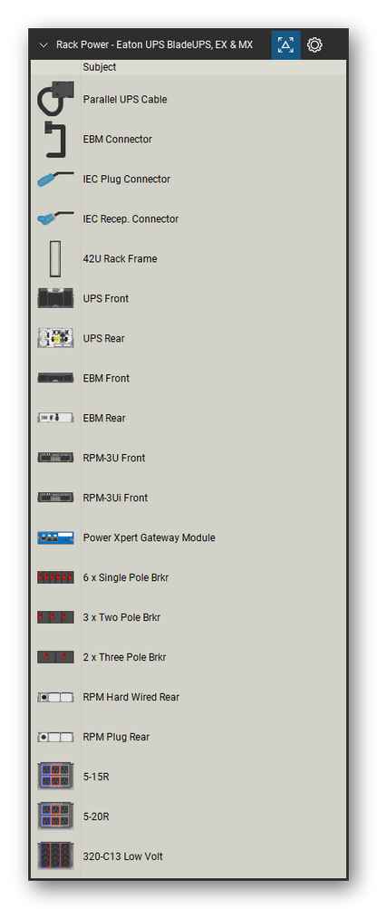 Rack Power tool set for Bluebeam Revu, Eaton UPS BladeUPS, EX & MX set (tools 1-20 of 210) - 20 views of 18 devices, front and rear: Parallel UPS Cable, EBM Connector, IEC Plug Connector, IEC Recep. Connector, 42U Rack Frame, UPS, EBM, RPM-3U, RPM-3Ui, Power Xpert Gateway Module and 8 more. Tool Chest in Detail view, one row per tool with its name.