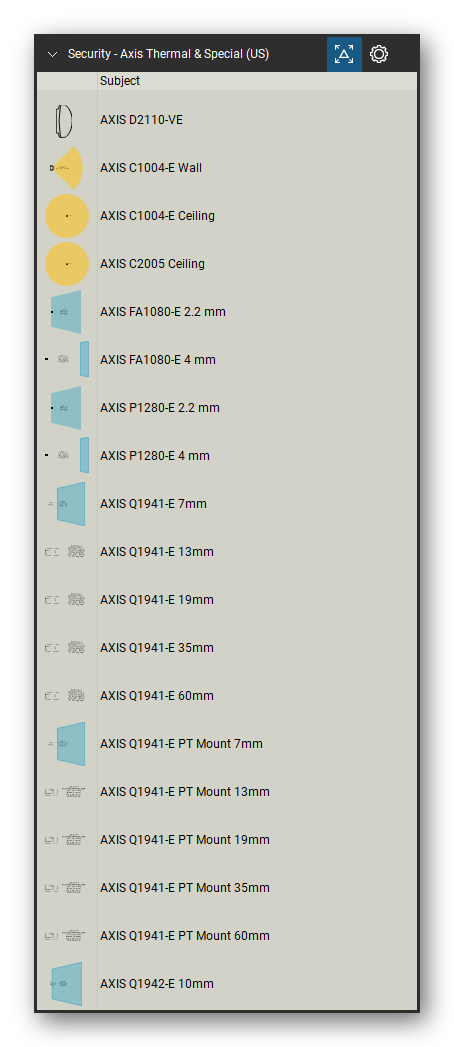 Security & Surveillance tool set for Bluebeam Revu, Axis Thermal & Special (US) set (tools 40-58 of 75) - 19 tools: AXIS D2110-VE, AXIS C1004-E Wall, AXIS C1004-E Ceiling, AXIS C2005 Ceiling, AXIS FA1080-E 2.2 mm, AXIS FA1080-E 4 mm, AXIS P1280-E 2.2 mm, AXIS P1280-E 4 mm, AXIS Q1941-E 7mm, AXIS Q1941-E 13mm and 9 more. Tool Chest in Detail view, one row per tool with its name.
