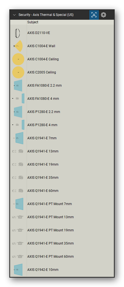 Security & Surveillance tool set for Bluebeam Revu, Axis Thermal & Special (US) set (tools 40-58 of 75) - 19 tools: AXIS D2110-VE, AXIS C1004-E Wall, AXIS C1004-E Ceiling, AXIS C2005 Ceiling, AXIS FA1080-E 2.2 mm, AXIS FA1080-E 4 mm, AXIS P1280-E 2.2 mm, AXIS P1280-E 4 mm, AXIS Q1941-E 7mm, AXIS Q1941-E 13mm and 9 more. Tool Chest in Detail view, one row per tool with its name.