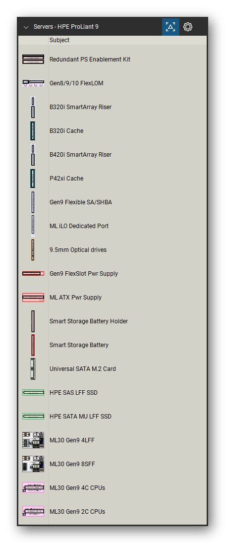 Servers tool set for Bluebeam Revu, HPE ProLiant 9 set (tools 1-20 of 183) - 20 tools: Redundant PS Enablement Kit, Gen8/9/10 FlexLOM, B320i SmartArray Riser, B320i Cache, B420i SmartArray Riser, P42xi Cache, Gen9 Flexible SA/SHBA, ML iLO Dedicated Port, 9.5mm Optical drives, Gen9 FlexSlot Pwr Supply and 10 more. Tool Chest in Detail view, one row per tool with its name.