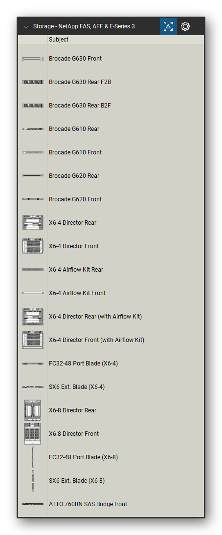 Storage & Backup tool set for Bluebeam Revu, NetApp FAS, AFF & E-Series 3 set (tools 1-20 of 235) - 20 views of 15 devices, front and rear: Brocade G630, Brocade G630 Rear F2B, Brocade G630 Rear B2F, Brocade G610, Brocade G620, X6-4 Director, X6-4 Airflow Kit, X6-4 Director Rear (with Airflow Kit), X6-4 Director Front (with Airflow Kit), FC32-48 Port Blade (X6-4) and 5 more. Tool Chest in Detail view, one row per tool with its name.