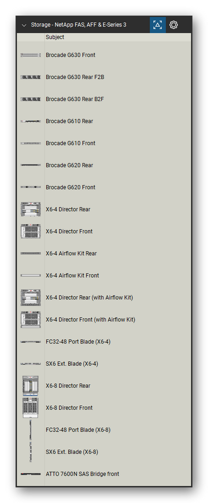 Storage & Backup tool set for Bluebeam Revu, NetApp FAS, AFF & E-Series 3 set (tools 1-20 of 235) - 20 views of 15 devices, front and rear: Brocade G630, Brocade G630 Rear F2B, Brocade G630 Rear B2F, Brocade G610, Brocade G620, X6-4 Director, X6-4 Airflow Kit, X6-4 Director Rear (with Airflow Kit), X6-4 Director Front (with Airflow Kit), FC32-48 Port Blade (X6-4) and 5 more. Tool Chest in Detail view, one row per tool with its name.