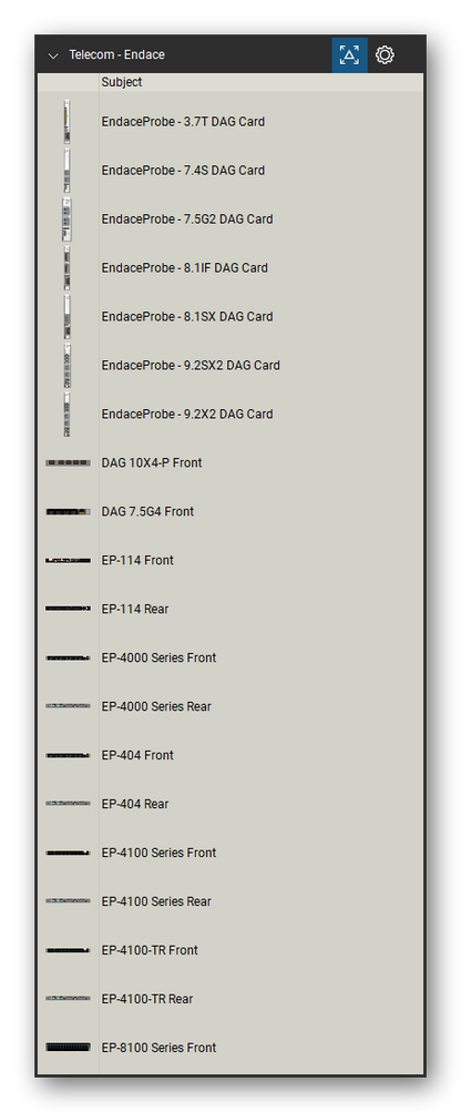 Telecom, Voice & Wireless tool set for Bluebeam Revu, Endace set (tools 1-20 of 53) - 20 views of 15 devices, front and rear: EndaceProbe - 3.7T DAG Card, EndaceProbe - 7.4S DAG Card, EndaceProbe - 7.5G2 DAG Card, EndaceProbe - 8.1IF DAG Card, EndaceProbe - 8.1SX DAG Card, EndaceProbe - 9.2SX2 DAG Card, EndaceProbe - 9.2X2 DAG Card, DAG 10X4-P, DAG 7.5G4, EP-114 and 5 more. Tool Chest in Detail view, one row per tool with its name.