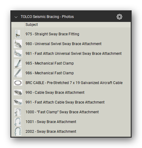 Tolco seismic bracing product photographs in the Pipe Hangers and Supports Takeoff & Estimating Bluebeam... (sheet 2 of 2)