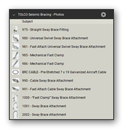 Tolco seismic bracing product photographs in the Pipe Hangers and Supports Takeoff & Estimating Bluebeam... (sheet 2 of 2)