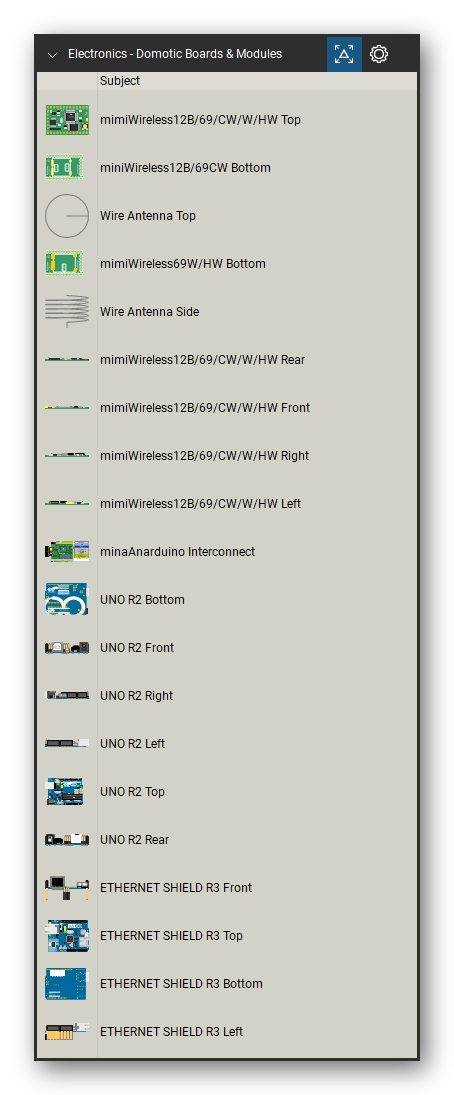 Automation & Electronics tool set for Bluebeam Revu, Domotic Boards & Modules set (tools 1-20 of 301) - 20 views of 7 devices, front, rear, side, top and bottom: mimiWireless12B/69/CW/W/HW, miniWireless12B/69CW, Wire Antenna, mimiWireless69W/HW, minaAnarduino Interconnect, UNO R2 and ETHERNET SHIELD R3. Tool Chest in Detail view, one row per tool with its name.