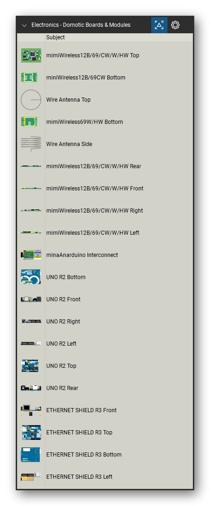 Automation & Electronics tool set for Bluebeam Revu, Domotic Boards & Modules set (tools 1-20 of 301) - 20 views of 7 devices, front, rear, side, top and bottom: mimiWireless12B/69/CW/W/HW, miniWireless12B/69CW, Wire Antenna, mimiWireless69W/HW, minaAnarduino Interconnect, UNO R2 and ETHERNET SHIELD R3. Tool Chest in Detail view, one row per tool with its name.