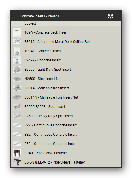 Concrete inserts product photographs in the Pipe Hangers and Supports Takeoff & Estimating Bluebeam tool set