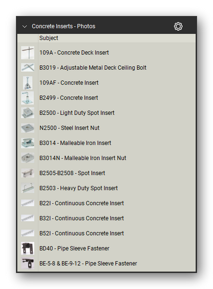 Concrete inserts product photographs in the Pipe Hangers and Supports Takeoff & Estimating Bluebeam tool set