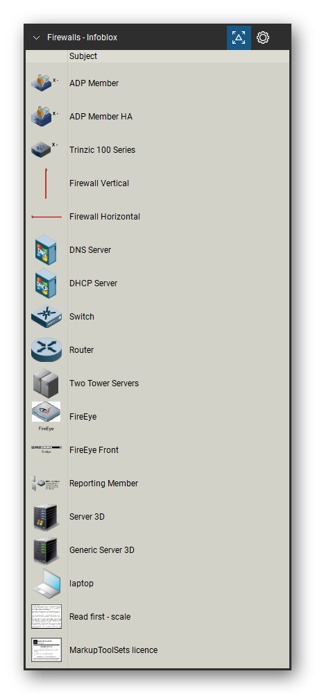 Firewalls & Security Appliances tool set for Bluebeam Revu, Infoblox set (tools 19-34 of 34) - 16 views of 15 devices, front and isometric: ADP Member, ADP Member HA, Trinzic 100 Series, Firewall Vertical, Firewall Horizontal, DNS Server, DHCP Server, Switch, Router, Two Tower Servers and 5 more. Tool Chest in Detail view, one row per tool with its name.