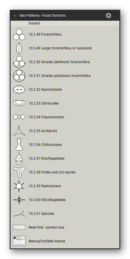 Geologic Hatch Patterns & Map Units tool set for Bluebeam Revu: Fossil Symbols set, tools 49-62 of 62 (10.2.48 to 10.2.61) - Foraminifera, Larger foraminifera, or fusulinids, Smaller, benthonic foraminifera, Smaller, planktonic foraminifera, Nannofossils, Ostracodes, Palynomorphs, Acritarchs, Chitinozoans, Dinoflagellates, Pollen and (or) spores, Radiolarians and 2 more. Tool Chest in Detail view, one row per tool with its FGDC reference number and name.