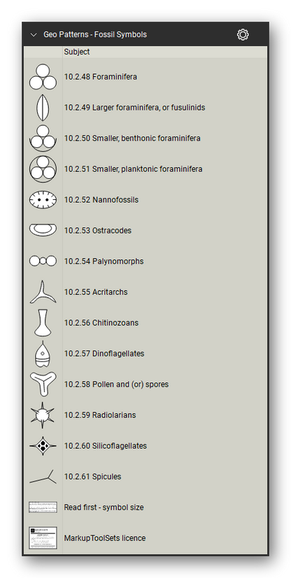 Geologic Hatch Patterns & Map Units tool set for Bluebeam Revu: Fossil Symbols set, tools 49-62 of 62 (10.2.48 to 10.2.61) - Foraminifera, Larger foraminifera, or fusulinids, Smaller, benthonic foraminifera, Smaller, planktonic foraminifera, Nannofossils, Ostracodes, Palynomorphs, Acritarchs, Chitinozoans, Dinoflagellates, Pollen and (or) spores, Radiolarians and 2 more. Tool Chest in Detail view, one row per tool with its FGDC reference number and name.