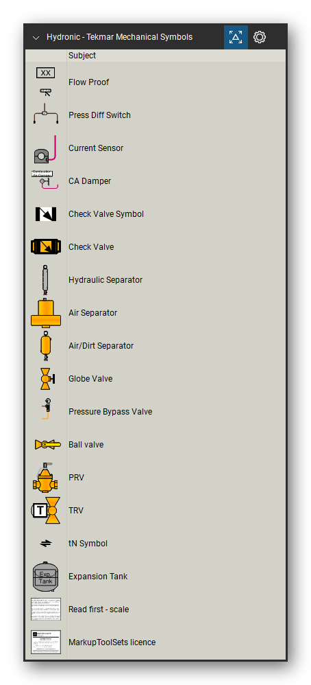 Hydronic Heating & Controls tool set for Bluebeam Revu, Tekmar Mechanical Symbols set (tools 54-69 of 69) - 16 tools: Flow Proof, Press Diff Switch, Current Sensor, CA Damper, Check Valve Symbol, Check Valve, Hydraulic Separator, Air Separator, Air/Dirt Separator, Globe Valve and 6 more. Tool Chest in Detail view, one row per tool with its name.