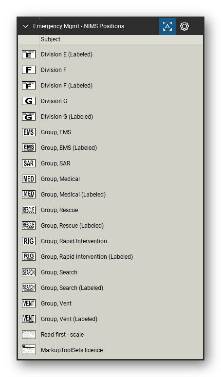 Incident & Emergency Management tool set for Bluebeam Revu, NIMS Positions set (tools 79-96 of 96) - 18 tools: Division E (Labeled), Division F, Division F (Labeled), Division G, Division G (Labeled), Group, EMS, Group, EMS (Labeled), Group, SAR, Group, Medical, Group, Medical (Labeled) and 8 more. Tool Chest in Detail view, one row per tool with its name.